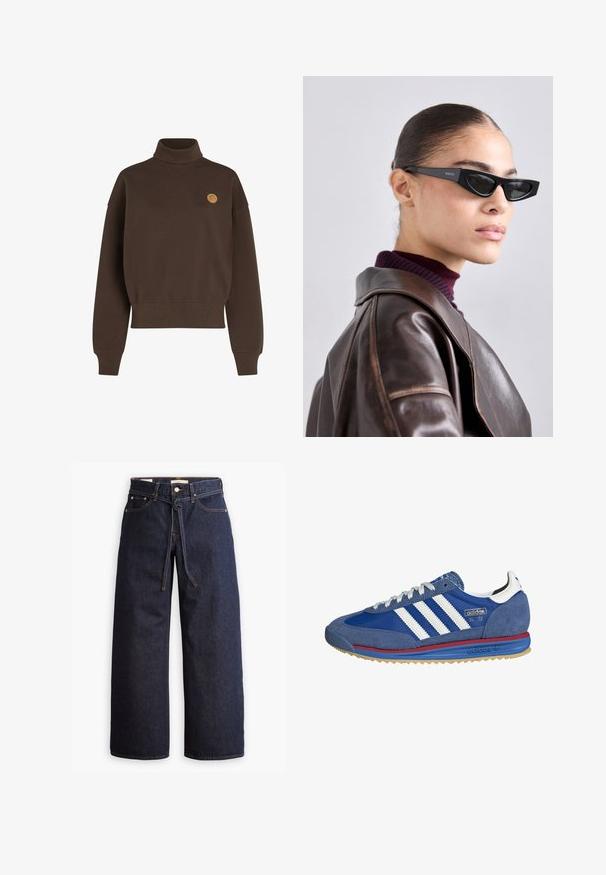 Sudadera marrón de cuello alto con un acabado texturizado. Presenta hombros caídos y un pequeño logo circular color beige en el pecho. Puños y dobladillo acanalados.; Jeans de mezclilla oscuros de pierna ancha con cintura alta, que cuentan con un lazo ajustable, cinco bolsillos y detalles de costura en contraste.; Zapatillas de ante azul con rayas blancas, acentos rojos y azules, y una suela de goma. Presentan una tela texturizada y un diseño atlético clásico.; Gafas de sol estilo gato negro con logotipo en la patilla, llevadas por un modelo en una chaqueta de cuero marrón y un jersey de cuello alto morado, en interiores.