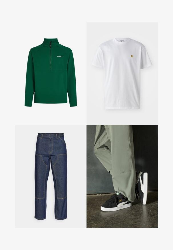 Grüner Fleece-Pullover mit Halbreißverschluss-Kragen, ausgestattet mit einem verstärkten Nahtdesign und einem Logo auf der linken Brust. Weiche Textur. Lange Ärmel.; Weißes Baumwoll-T-Shirt mit kurzen Ärmeln, Rundhalsausschnitt, mit einem kleinen goldenen Logo im linken Brustbereich. Weicher Stoff und normale Passform.; Dunkelblaue Jeans aus Denim mit hoher Taille, geradem Bein-Design, kontrastierenden Nähten und aufgesetzten Taschen auf der Vorderseite.; Schwarze Wildleder-Sneaker mit weißen Gummisohlen und seitlichen Streifen, kombiniert mit hellgrünen Cargo-Hosen, stehen auf einer strukturierten dunklen Oberfläche.