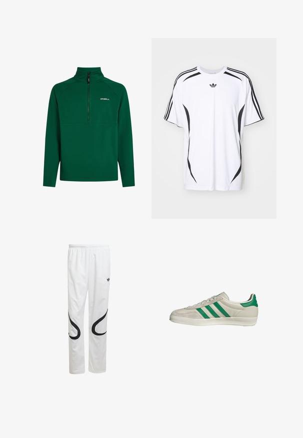 Groene fleece pullover met een halve ritssluiting kraag, voorzien van een versterkt naadontwerp en een logo op de linkerborst. Zachte textuur. Lange mouwen.; Witte t-shirt met korte mouwen, voorzien van zwarte zijaccenten en drie zwarte strepen op de schouders. Inclusief klein zwart logo op de borst.; Witte sportbroeken met een gladde textuur, voorzien van zwarte gebogen ontwerpen aan de zijkanten en een zwart logo vlakbij de tailleband.; Beige sneaker met groene strepen, voorzien van een witte zool en een bovenkant van glad leer. Zijaanzicht dat de veters en het logo benadrukt.