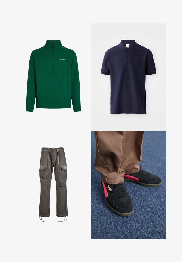 Zelený fleecový pulovr s půlzipovým límcem, který má zesílené švy a logo na levé hrudi. Měkká textura. Dlouhé rukávy.; Námořnická modrá polo tričko vyrobené z texturované látky, s límečkem, tříknoflíkovou légou a malým vyšitým logem na hrudi.; Cargo kalhoty z vybledlého šedého materiálu, s elastickým pasem na šňůrku, bočními kapsami a zúženými nohavicemi se stahováním na hemu.; Černé semišové tenisky s růžovými akcenty a standardními tkaničkami. Mají texturovanou černou podrážku a štítek s logem PUMA na jedné botě.