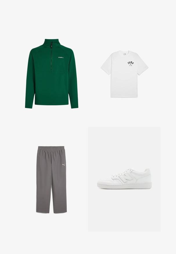 Sudadera de forro polar verde con un cuello de medio zip, que presenta un diseño de costuras reforzadas y un logo en el pecho izquierdo. Textura suave. Mangas largas.; Camiseta de algodón blanca de manga corta y cuello redondo, con un logo impreso en negro en el pecho. Diseño sencillo y clásico.; Pantalones deportivos grises con cinturilla elástica, hechos de una tela ligera. Presenta un pequeño logo blanco en la pierna izquierda.; Zapatilla blanca hecha de cuero suave, con puntera perforada, suela de goma texturizada, cordones planos y un prominente logo 'N' en el lateral.
