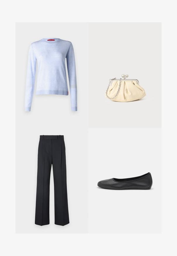 Lyseblå genser laget av mykt materiale. Har lange ermer, rund hals og ribbestrikket kant nederst og på ermene. Rød etikettdetalj.; Mørkeblå stripete bukser med høy midje, vid bendesign, og uten synlige detaljer eller utsmykninger. Glatt tekstur og skreddersydd passform.; Svart skinnballettflatt med rund tå, glatt tekstur, minimal sømdetalj, og et fleksibelt såledesign.; Foliebeige lærveske med plisseringer og en sølvmetalramme, med to runde dekorative låser og en sølvkjede.