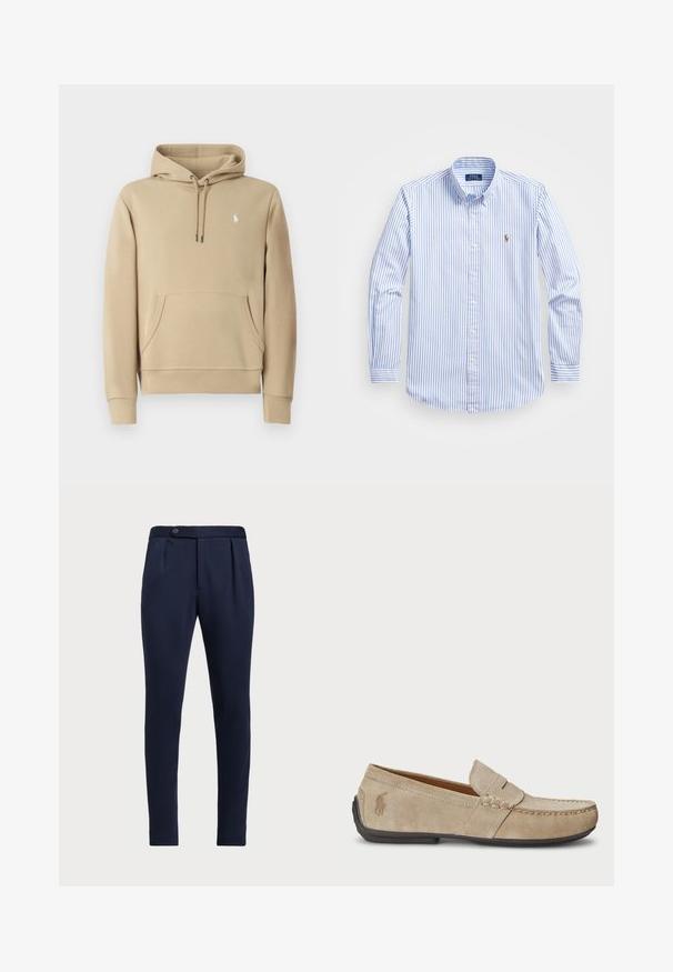 Beezhi kapuuts, mis on valmistatud pehmest kangast, koos känguru tasku, stringiga kapuutsi ja väikese logoga, mis on tikandina rinnal. Omab ribatud mansette.; Hele helesinise ja valge triibuline särk, millel on klassikaline krae, pikad varrukad ja väike tikand rinnal.; Tumesinine voodriga püksid, millel on tasane esiosa, kaks esirühti ja ühe nupuga sulgemine, mis on valmistatud siledast tekstuuriga kangast.; Bež sueded loafers, mille õmblustega detailide, lame kummitald ja väike logo küljel. Klassikaline libisev disain, pehme tekstuur.