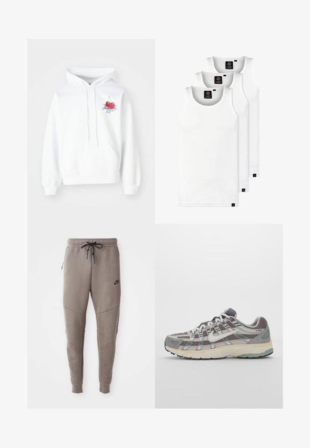 Sweatshirt branca com uma ilustração de duas cerejas vermelhas, um contorno e lettering azul. Apresenta um bolso canguru e capuz com cordão.; Três tops em algodão de alças brancas com nervuras. Apresentam um decote redondo e pequenas etiquetas pretas perto da bainha. Disponíveis em vários tamanhos.; Calças de treino cinzentas da Nike com um cós elástico ajustável, pernas ajustadas, bolsos laterais e pormenores de costura distintos. Tecido suave e texturizado.; Sapatilha atlética cinza com parte superior em malha e camurça, detalhes brancos, sola acolchoada e um design distinto com elementos refletivos.