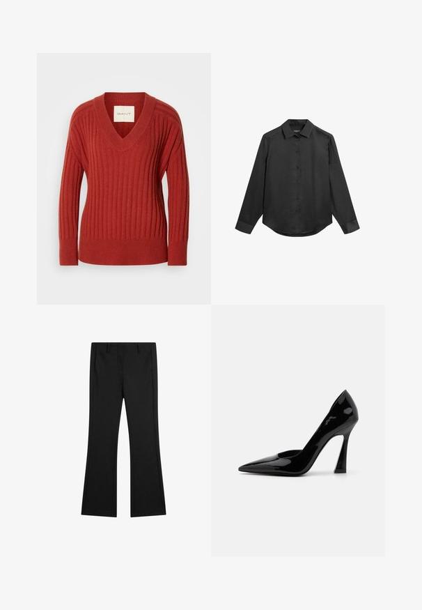 Maglione rosso a coste con scollatura a V, maniche lunghe e vita aderente. Realizzato in un materiale morbido e testurizzato. Etichetta visibile all'interno della scollatura.; Camicia nera a maniche lunghe con colletto, chiusura con bottoni sul davanti, tessuto liscio e orlo leggermente arrotondato. Nessun motivo o dettaglio visibile.; Pantaloni neri svasati realizzati in tessuto liscio, con tasche anteriori e una vestibilità su misura, dotati di pieghe stiro per un aspetto curato.; Décolleté nera in vernice con tacco a spillo angolare e punta affusolata, caratterizzata da una texture liscia e lucida.