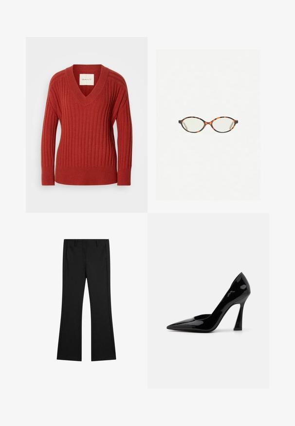 Red ribbed sweater with a V-neck, long sleeves, and a fitted waist. Made from a soft, textured material. Label visible inside neckline.; Black flared pants made of smooth fabric, featuring front pockets and a tailored fit with pressed crease lines for a polished look.; Black patent leather high-heeled pump with a pointed toe and an angular stiletto heel, featuring a smooth, shiny texture.; Tortoiseshell eyeglasses with oval lenses and a sleek, smooth finish. Features thin sides with a subtle curve at the temples. Clear lenses.