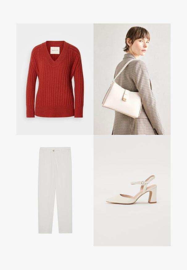 Punane ribakujuline sviiter V-kaelusega, pikad varrukad ja rõhutatult vormitatud talje. Valmistatud pehmest, tekstuuritud materjalist. Silt nähtav kaelaaugu sees.; Valged kohandatud püksid sirge lõikega, varustatud nupuga kinnitusega, vöödega ja küljetaskutega; sile kangatekstuur.; Koonus-peat, kreemjas värvitoonis säärisega king, millel on plokkkonts. Omab õhukest pahkluu rihma ümmarguse pandlaga ja sujuvat nahastruktuuri.; Valge nahast käekott struktureeritud disainiga, millel on magnetlukk ja õlavarre rihm, esitletud neutraalse tausta ees.