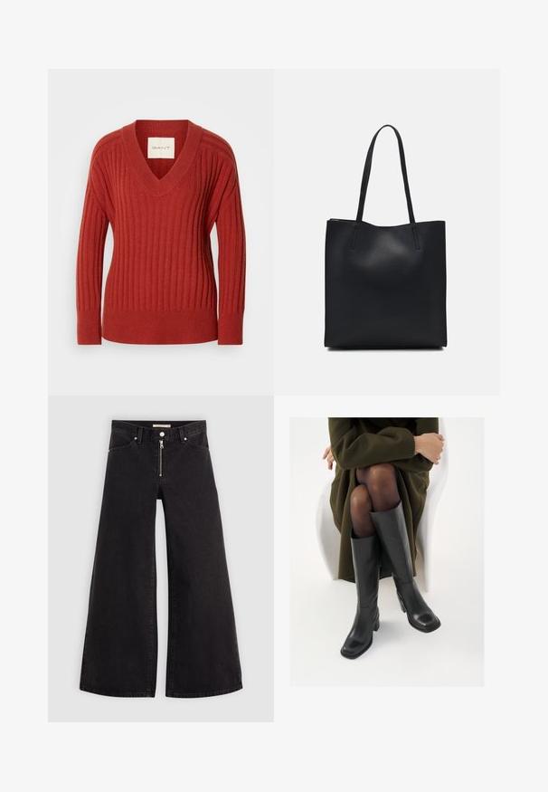 Punainen ribattua neulepaita V-päällä, pitkät hihat ja vartalonmyötäinen vyötärö. Valmistettu pehmeästä, teksturoidusta materiaalista. Tuotetunnus näkyvissä kaula-aukon sisäpuolella.; Mustat leveälahkeiset farkut, joissa on vetoketjufrunti, viisi-taskuinen muotoilu ja hienovaraiset ompelusyyt. Sileä pinta ja rento tyyli.; Polvisuoja mustat nahastossud, millel on ruudukujuline varvas ja plokk-kints, on esitatud mudeli seljas, kes istub oliivrohelises mantlis. Sile tekstuur, minimaalne detailitus.; Mustapahkainen kangaskassi, jossa on sileä pinta, suorakaiteen muotoinen ja kaksi pitkää kahvaa. Ei näkyvää metalliosaa tai koristeita.