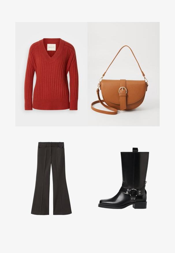 Rode geribbelde trui met een V-hals, lange mouwen en een getailleerde taille. Gemaakt van een zacht, gestructureerd materiaal. Label zichtbaar aan de binnenkant van de hals.; Zwarte flared broek met een hoge taille; beschikt over twee voorkeurszakken en een gladde stoftextuur. Geschikt voor verschillende gelegenheden.; Zwarte leren kniehoog laars met een puntige neus, zilverkleurige gesp accentuaties en een stevige hak. Beschikt over een trekband voor eenvoudig aan- en uittrekken.; Bruine leren schoudertas met een gebogen vorm, gouden hardware en een gespaccent. Bevat een afneembare schouderriem.