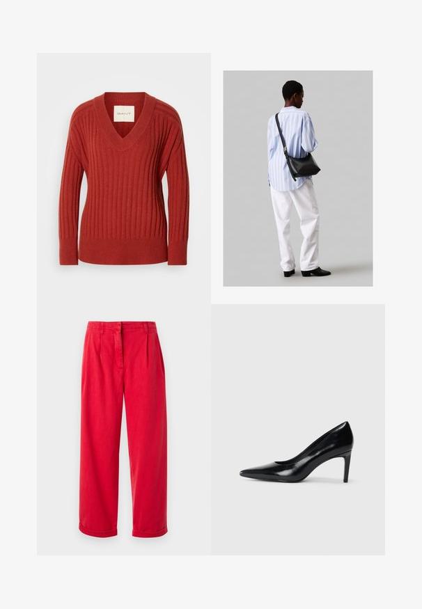 Red ribbed sweater with a V-neck, long sleeves, and a fitted waist. Made from a soft, textured material. Label visible inside neckline.; Red wide-leg trousers made from cotton, featuring a smooth texture, pleated front, and rolled cuffs, designed for comfort and ease of movement.; Black leather high heel shoe with a pointed toe, smooth texture, and a tapered heel. Minimalist design, no additional embellishments.; Black leather shoulder bag with a soft texture, triangular shape, and adjustable strap, paired with a light blue striped shirt and white pants.