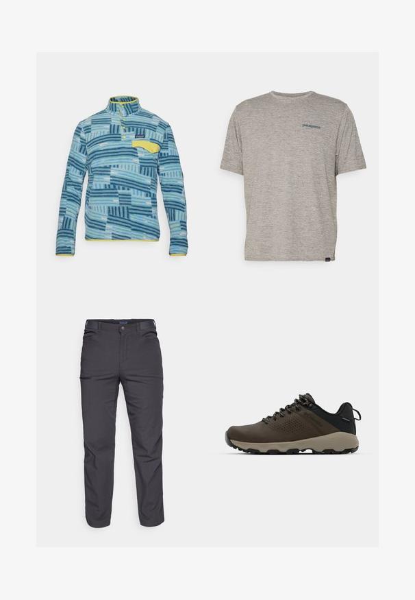 Pūkuotas megztinis su įvairiomis mėlynomis juostomis ir raštais. Yra geltona apykaklė ir kišenė. Mygtukų užsegimas kaklo srityje su etikete ant krūtinės.; Pilkas trumpas rankovės marškinėliai, pagaminti iš minkštos, tekstūruotos medžiagos, ant kairiojo krūtinės puikuojasi mažas mėlynas Patagonia logotipas. Be papildomų raštų.; Tamsiai pilki kelnės, pagamintos iš patvarios medžiagos, su užtrauktuku užsegamu kišeniu, tiesiu kirpimu ir diržo kilpom pritaikytiems dydžiams.; Rudi nepralaidūs sportbačiai su tekstūruota viršutine dalimi, perforuotomis detalėmis, juodu kulno palaikymu ir pilku guminio padu. Šniūreliai yra dekoruoti metaliniais galais.