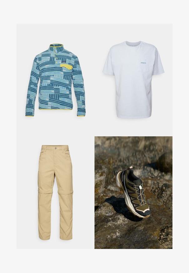 Pūkuotas megztinis su įvairiomis mėlynomis juostomis ir raštais. Yra geltona apykaklė ir kišenė. Mygtukų užsegimas kaklo srityje su etikete ant krūtinės.; Balta medvilninė marškinėliai su trumpomis rankovėmis, apvaliu kaklu ir kairėje krūtinės pusėje esančia kišenėle, turinčia mėlyną "Patagonia" logotipą. Klasikinis siluetas su lygiu paviršiumi.; Šviesiai rudos kelnių su užtrauktuku, turinčių lygų paviršių, su dviem šoninėmis kišenėmis, mygtuko uždarymu ir sukabinamais kelnių galais, kad būtų galima naudoti įvairiai.; Žygio batai olivų žalios ir juodos spalvos su rožiniais akcentais. Turi tekstūruotą viršutinę dalį, lankstų pado tipą, sustiprintą pirštų dalį ir spalvingą raištelių sistemą.