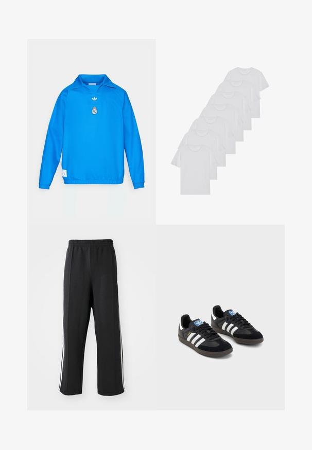 Blå genser med krage, laget av glatt stoff. Har et brodert merke og en liten Adidas-logo foran.; Hvite bomulls T-skjorter, korte ermer, rund hals-design, enkel tekstur, stablet i en rekke, med subtil merking ved halsen.; Svart joggebukse med elastisk midjebånd, med hvite sidestreker og avslappet passform. Laget av myk, elastisk stoff.; Svarte sneakers med overdel i semsket lær og syntetisk materiale, med tre hvite striper, strukturert gummisåle og blå logoetikett på tungen.
