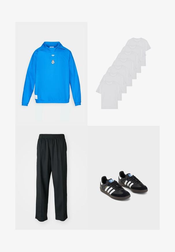 Maglione blu con collo, realizzato in tessuto liscio. Presenta una toppa ricamata e un piccolo logo Adidas sul davanti.; T-shirt bianchi in cotone, maniche corte, design a collo tondo, texture liscia, impilati in fila, con un sottile marchio all'altezza del collo.; Pantaloni sportivi neri con vita elastica, realizzati in tessuto liscio, con cuciture laterali sottili e un fit rilassato, design a gamba dritta.; Sneakers neri con tomaia in suede e materiale sintetico, caratterizzati da tre strisce bianche, suola in gomma testurizzata e etichetta blu sul linguetta.