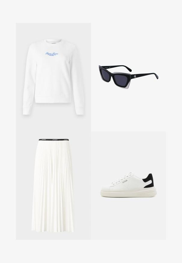 Sweatshirt blanc en tissu texturé, avec un col rond, des manches longues et un logo brodé bleu avec "Guess Jeans" et du texte en dessous.; Jupe plissée blanche avec une taille élastique noire portant le logo "LACOSTE". Design mi-long avec une texture douce.; Baskets en cuir blanc avec une épaisse semelle blanche, un accent en daim noir au niveau du talon et un logo embossé sur le côté. Design à lacets avec six œillets.; Lunettes de soleil noires surdimensionnées avec une forme géométrique, dotées de verres foncés et d'un détail gris contrastant sur la monture. Logo sur la branche.