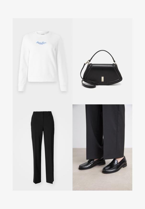 White sweatshirt made of textured fabric, featuring a crew neck, long sleeves, and blue embroidered logo with "Guess Jeans" and text below.; Black tailored trousers with a straight-leg design, featuring a smooth texture and crisp creases along the front. No visible hardware.; Black leather loafers with a smooth finish, stitched detailing around the toe, and a low rubber sole. Paired with wide black trousers.; Black leather handbag with a structured design, featuring a cropped shape, top handle, and gold hardware accent. Adjustable shoulder strap included.