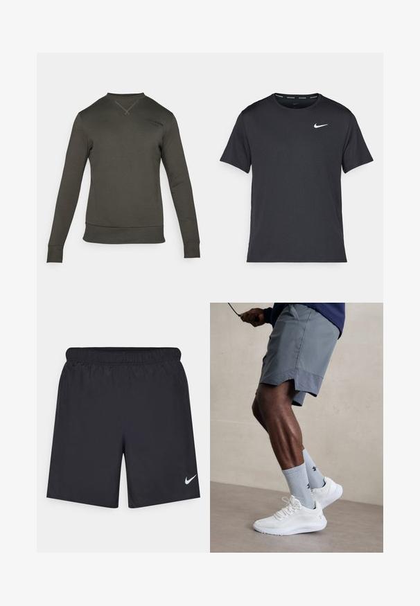 Felpa verde scuro a maniche lunghe, con polsini e orlo a costine. Presenta un collo rotondo e un semplice dettaglio del logo vicino alla spalla.; Maglietta da corsa Nike nera realizzata in materiale leggero e traspirante, con maniche corte e un piccolo logo bianco sul petto.; Shorts sportivi neri realizzati in materiale leggero con vita elastica. Presentano un piccolo logo Nike bianco sul lato sinistro in basso.; Scarpe da ginnastica bianche con tomaia in mesh testurizzato, abbinate a calzini a coste blu chiaro con un logo. Pantaloni sportivi grigi con bordi perforati.