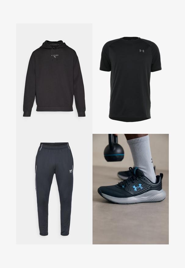 Crna dukserica s kapuljačom izrađena od mekog materijala, s prednjim džepom u obliku kengura i bijelim logotipom na prsima. Manšeti su rebrasti.; Crna kratka majica s kratkim rukavima za sport izrađena od glatkog, laganog materijala. Ima okrugli dekolte i diskretan logo na grudima.; Crne sportske hlače od glatkog materijala, s elastičnim pojasom, suženim nogavicama i bijelim bočnim prugama. Uključuju logo Under Armour.; Crne atletske cipele s plavim akcentima, teksturirani gornji dio i sivi đon. Nosi se s sivim rebrastim čarapama, pored crnog kettlebella.