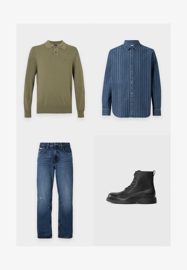 Olivovo zelené polo tričko s dlhým rukávom vyrobené z hladkého materiálu, s klasickým golierom, dvojgombíkovým zapínaním a rebrovanými manžetami a lemovaním.; Samsøe Samsøe SADAMON SHIRT - Košeľa - denim; Modré denimové džínsy s rovnými nohavicami. Majú vyblednuté miesta a mierne poškodenie vpredu, s klasickým gombíkovým zapínaním.; Čierne členkové topánky vyrobené z textúrovanej kože s okrúhlou špičkou, šnurovací dizajn a robustná čierna gumená podrážka. Obsahujú pútko na päte.