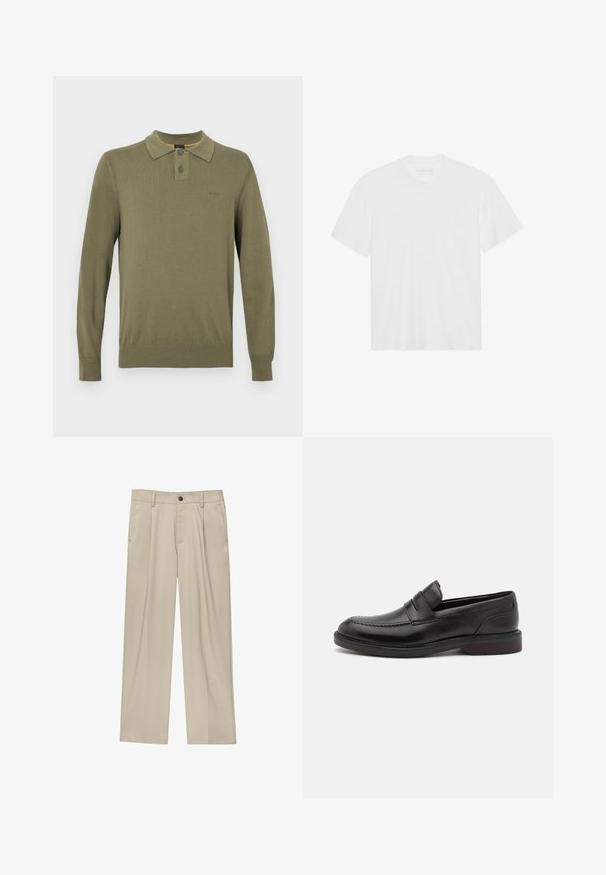 Polo a maniche lunghe verde oliva realizzato in tessuto liscio, con colletto classico, pattina con due bottoni e polsini e orlo a costine.; T-shirt bianco in cotone con maniche corte, scollatura a girocollo e orlo dritto. Tessuto liscio, design minimalista senza motivi o dettagli.; Pantaloni beige a taglio dritto, con un solo bottone nero, passanti per la cintura e tasche laterali. Tessuto dalla texture liscia e design minimale.; Mocassini neri in pelle con dettagli cuciti sulla punta, doppie cinghie orizzontali sul vamp e tacco in legno. Texture liscia e forma arrotondata.