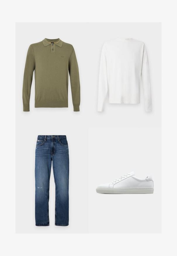 Olivgrünes langärmliges Poloshirt aus glattem Stoff, mit klassischem Kragen, Zweiknopf-Leiste und gerippten Bündchen und Saum.; Langärmliges weißes Baumwollhemd mit rundem Ausschnitt, seitlichen Schlitzen am unteren Rand und glatter Textur, von hinten präsentiert.; Blaue Denim-Jeans mit geradem Bein. Sie verfügen über ausgewaschene Bereiche und leichte Abnutzungsspuren auf der Vorderseite sowie einen klassischen Knopfverschluss.; Weißer Sneaker mit glattem Lederobermaterial und niedrigem Profil. Verfügt über eine runde Zehenpartie, sechs Ösen und eine strukturierte Gummisohle.