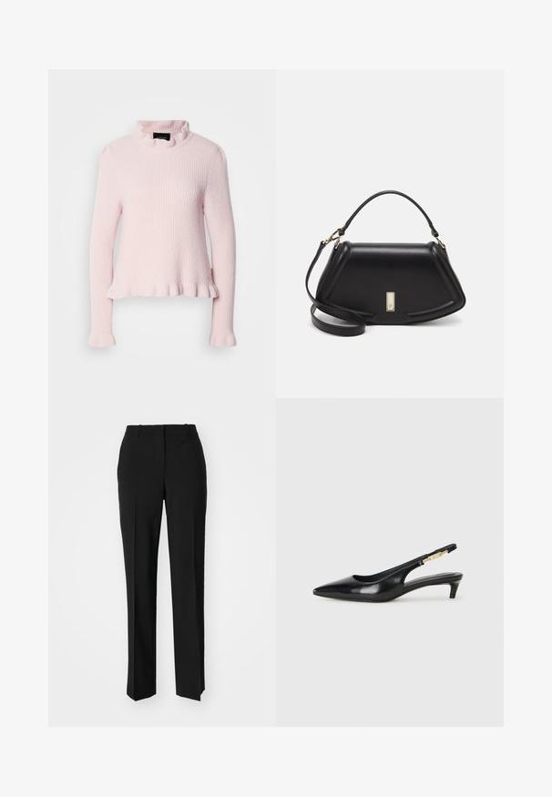 Pull longue à manches longues de couleur rose clair, avec une texture côtelée, un col à volants et un ourlet froncé. Coupe décontractée avec des manches ajustées. Design décontracté.; Pantalon noir ajusté avec une coupe droite, présentant une texture lisse et des plis nets sur le devant. Aucune quincaillerie visible.; Talons hauts en cuir noir avec un bout pointu, dotés d'un talon fin et d'un accent en ton or sur la lanière réglable. Texture lisse.; Sac à main en cuir noir avec un design structuré, featuring une forme cropped, une poignée supérieure et des accents en matériel doré. Bandoulière réglable incluse.
