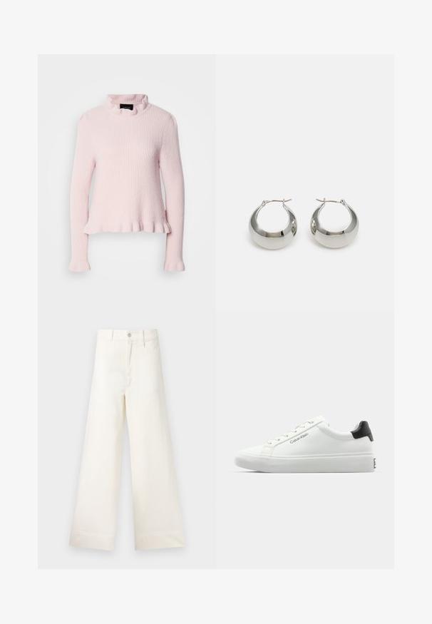 Lyserød, langærmet sweater med ribbet tekstur, bølget halsudskæring og kant. Løs pasform med tætsiddende ærmer. Afslappet design.; Bredde benbukser i lys beige bomuld. Har høj talje, for- og baglommer samt lige pasform. Renset kantafslutning uden mønstre.; Hvid sneakers med en glat overflade, sort hælaccent og snørebåndsdesign. Har "Calvin Klein" branding på siden. Minimalistisk stil.; Sølvfarvede metalørehængere med en glat, skinnende overflade og et struktureret, afrundet design. Udstyret med en hængslet lås for sikker bæring.