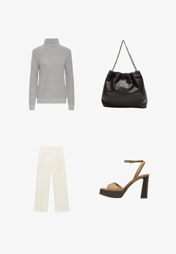 Siv pulover s turtleneck iz rebraste tkanine, dolgimi rokavi in prilegajočim dizajnom, izdelan iz pletenega materiala. Brez vidnih vzorcev ali kovinskih detajlov.; Hlače širokih nogavic v svetli kremni barvi. Narejene iz gladkega materiala s plitkimi naborki spredaj in stranskimi žepi.; Bež semiš sandali na visoki peti z širokim sprednjim trakom in trakom okoli gležnja, opremljeni z debelim lesenim blokom peto z teksturirano površino.; Rjava usnjena torba z nabranim vrhom in verižnim trakom. Gladka tekstura z sijajno površino in subtilnimi šivi na straneh.