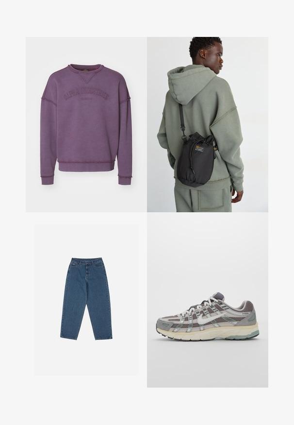 Fialový pulóver s dlhým rukávom, s detailmi na surovom edge a vyšitým nápisom "Alpha Industries EST. SINCE 1959" na hrudi.; Tri biele rebrované tielka vyrobené z bavlny. Majú okrúhly výstrih a malé čierne štítky pri leme. Dostupné v rôznych veľkostiach.; Modré džínsy s uvoľneným strihom, vysokým pásom, dizajnom s piatimi vreckami a kontrastným prešívaním. Obsahujú zapínanie na gombík a zips.; Šedá športová obuv so zvrškom z nylonu a semišu, bielymi akcentmi, polstrovanou podrážkou a jedinečným dizajnom s reflexnými prvkami.; Čierny vak na šnúrku vyrobený z odolného materiálu, s logom na nášivke, nosený cez telo v kombinácii s svetlozelenou mikinou.