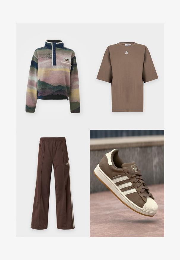 Columbia HELVETIA™ II PRINTED CROPPED HALF SNAP - Felpa in pile - collegiate navy dolomites; T-shirt in cotone marrone con maniche corte, collo tondo e logo Adidas bianco centrato sul petto, caratterizzato da un design semplice e una vestibilità comoda.; Pantaloni sportivi marroni con design a gamba larga, strisce laterali bianche, coulisse elastica in vita e due tasche laterali. Presentano un piccolo logo sulla gamba.; Sneaker in suede marrone con strisce bianche, accenti crema e punta in gomma. Presenta un design con lacci e una suola in gomma testurizzata.