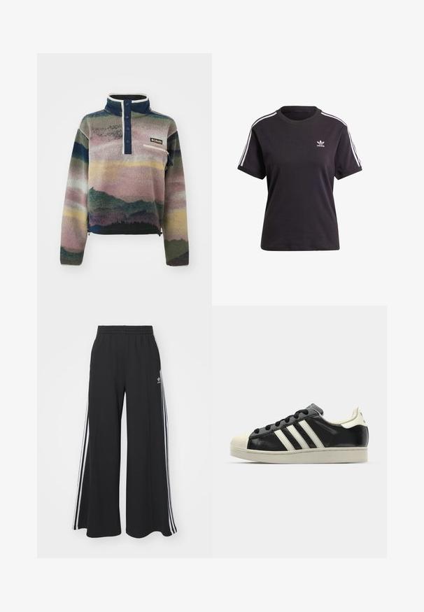 Columbia HELVETIA™ II PRINTED CROPPED HALF SNAP - Fliisdžemper - collegiate navy dolomites; Must kõrge kaelusega must puuvillane T-särk lühikeste varrukatega, millel on valged triibud õlgadel ja väike valge Adidas'i logo rinna peal.; Mustad laiad trenni püksid elastse vöökohtaga, millel on valged küljeribad ja tikitud logo vasakul reiel.; Must have nahkased mustad tossud valgete triipudega, kummist varbakattega, mustade paeltega ja kreemika värvusega tallaga. Sile tekstuur ja läikiv viimistlus.