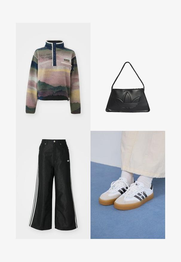 Columbia HELVETIA™ II PRINTED CROPPED HALF SNAP - Vesta od flisa - collegiate navy dolomites; Crne široke traper hlače s tri bijele pruge sa svake strane i malim bijelim logom. Ima prednje džepove i preklop s gumbom.; Bjele tenisice s crnim prugama i bež suknjom. Imaju teksturiranu gumu potplat i ravne bijele vezice, nošene uz svijetle čarape.; Crna kožna torba trapezoidnog oblika, s uzdignutim Adidas logotipom i tankim remenom za rame. Zatvaranje na patentni zatvarač na vrhu.