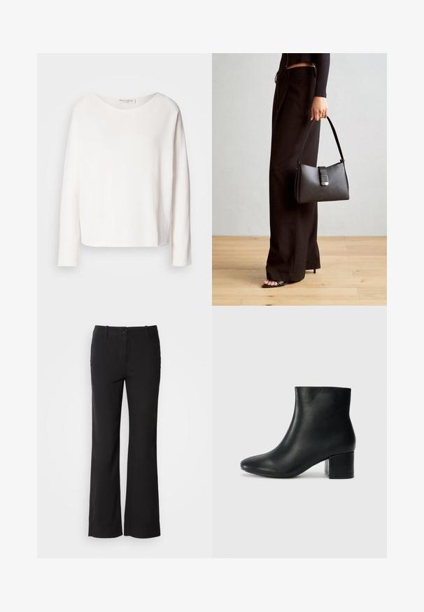 Langärmliges, rundhalsiges Oberteil aus weichem, leichtem weißen Stoff mit lockerer Passform. Verfügt über einen sauberen Saum und keine sichtbaren Beschläge.; Schwarze Baumwollmischungshose mit geradem Bein, vorderem Knopfverschluss und zwei Seitentaschen. Glatte Textur, keine sichtbaren Muster.; Schwarze Leder-Ankle-Boots mit spitzem Zehenbereich und klobigem Absatz. Glatte Textur mit minimalen Akzenten und einem eleganten, taillierten Design.; Schwarze Handtasche mit strukturierter Form, glatter Textur und einem metallischen Verschluss. Kombiniert mit weiten schwarzen Hosen und offenen Sandalen auf einem Holzboden.