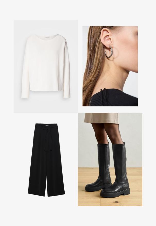 Maglietta a maniche lunghe, collo rotondo in morbido tessuto bianco leggero con una vestibilità comoda. Presenta un orlo pulito e nessun hardware visibile.; Pantaloni neri a gamba larga caratterizzati da un tessuto testurizzato, una vita elastica e una cintura staccabile per una vestibilità regolabile.; Stivali neri al ginocchio in pelle con una texture liscia, dotati di una suola in gomma spessa e una cerniera laterale per una facile vestibilità.; Orecchino a cerchio in argento con finitura lucida, caratterizzato da piccoli dettagli in oro e una forma tondeggiante, indossato sul lobo.