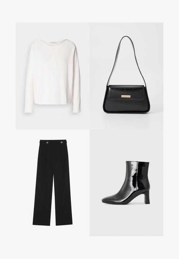 Long-sleeve, round-neck top in soft, lightweight white fabric with a relaxed fit. Features a clean hem and no visible hardware.; Black wide-leg trousers with high waist, button details on waistband, and front pleats.; Black patent leather ankle boot with a pointed toe and a mid-height block heel. Smooth texture and minimalist design.; Black leather handbag with a structured triangular shape, slim strap, and gold-tone hardware featuring a logo plaque on the front flap.