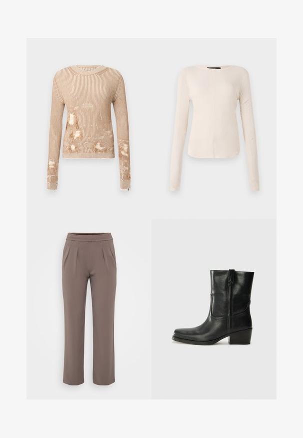 Beige gebreide trui met lange mouwen, voorzien van verticale ribbels, versleten plekken en openingen aan de voorkant en mouwen.; Langsleeve, lichtbeige top met een ronde halslijn. Gemaakt van zachte stof, heeft een centrale naad en een iets gebogen rand. Geen zichtbare hardware.; Taupe losvallende broek met elastische tailleband en voorplooien, gemaakt van zachte stof.; Zwarte leren enkellaars met een ronde neus, blokhak, zijrits en stikselaccenten op de wreef. Gladde textuur, klassiek ontwerp.
