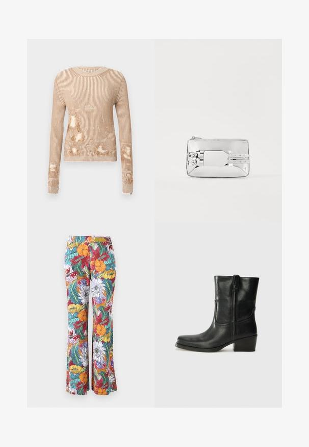Suéter de punto beige con mangas largas, presenta canalé vertical, áreas desgastadas y aberturas en la parte delantera y las mangas.; Top de manga larga y cuello alto con un vibrante patrón floral que presenta flores multicolores y hojas verdes sobre un fondo blanco.; Pantalones acampanados con un patrón floral multicolor, que presenta flores naranjas, moradas y verdes en un fondo blanco.; Botín negro de cuero hasta el tobillo con punta redondeada, tacón cuadrado, cremallera lateral y detalles de costura en el empeine. Textura suave, diseño clásico.; Bolso de mano metálico plateado con textura suave, forma rectangular, cierre con cremallera y dos tiras decorativas en la parte frontal.