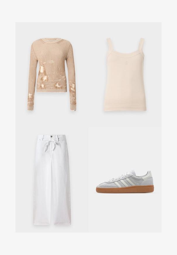 Bézs színű kötött pulóver hosszú ujjakkal, függőleges bordázattal, kopott hatású részekkel, valamint nyílásokkal az elején és az ujjakon.; Beige csíkos ujjatlan felső vékony pántokkal és kerek dekoltázzsal. Elöl varrott logóval rendelkezik. Sima textúra, testhez simuló dizájn.; Fehér, bő szárú pamutnadrág. Derékban zsinóros megkötővel és gombos zárással rendelkezik. Simaságával és minimalista dizájnjával tűnik ki.; Világosszürke velúr sportcipő fehér bőrcsíkkal, három fehér csíkkal és barna gumitalppal, párnázott bokarésszel a kényelem érdekében.