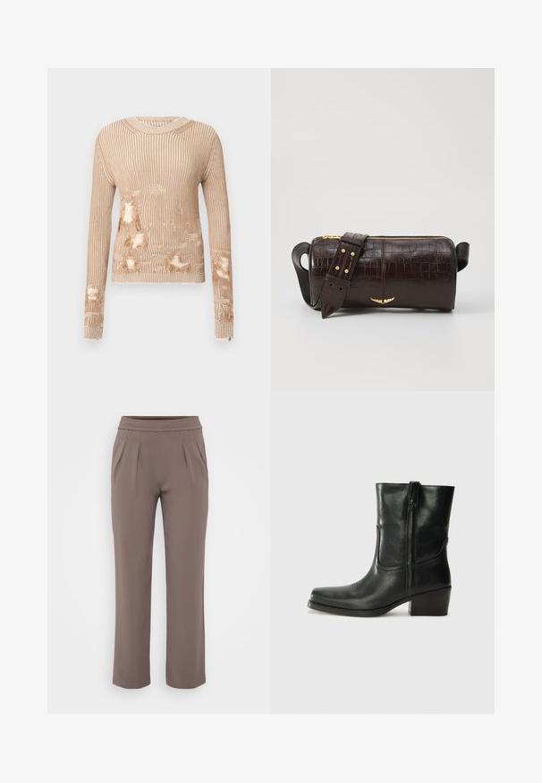 Beige knitted sweater with long sleeves, featuring vertical ribbing, distressed areas, and openings on the front and sleeves.; Taupe loose-fit trousers with elastic waistband and front pleats, made from smooth fabric.; Black leather ankle boot with a rounded toe, block heel, side zipper, and stitching accents on the vamp. Smooth texture, classic design.; Brown crocodile-embossed leather bag with a cylindrical shape, gold-tone hardware, and a detachable strap featuring studs.