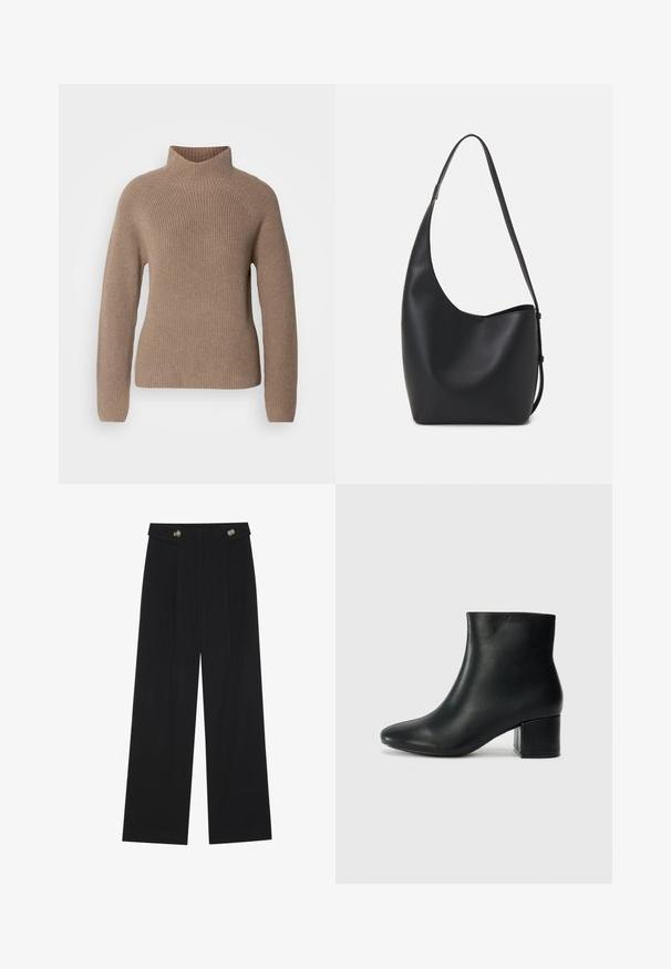 Marc O'Polo LONGSLEEVE STAND UP COLLAR - Strikkegenser - shaded brown melange; Svart vide bukser med høy midje, knappdetaljer på midjebåndet og frontplisser.; Sorte skinn ankelsko med spiss tå og chunky hæl. Glatt tekstur med minimale detaljer og et elegant, tettsittende design.; Svart lær hobo-veske med glatt tekstur, buet form og enkelt justerbart stropp; har en bred åpning på toppen.