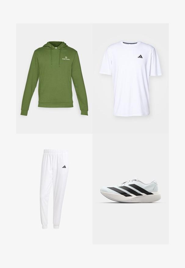 Zöld kapucnis pulóver, puha anyagból készült, huzatos kapucnival, kenguruzsebbel és kicsi logóval a mellkason. Egyszerű design és textúra.; Fehér, rövid ujjú póló sima tapintású anyagból. Az elülső részen fekete adidas logó található a bal mellrészen, valamint mintás gallér jellemzi.; Fehér sportnadrág sima anyagból, rugalmas derékpánttal és szűkített bokákkal, a hátsó zsebében fekete logóval.; Világoskék, fekete csíkos könnyű futószerek. Simább felső résszel, kerek orral és vastag fehér középtalppal, amelyen a "LIGHTSTRIKE PRO" felirat olvasható.