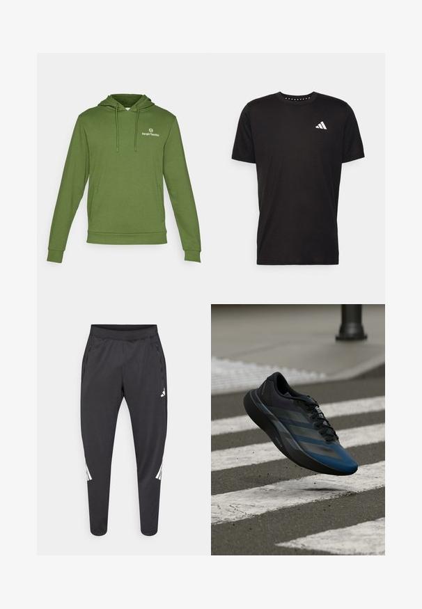 Zöld kapucnis pulóver, puha anyagból készült, huzatos kapucnival, kenguruzsebbel és kicsi logóval a mellkason. Egyszerű design és textúra.; Fekete pamut póló rövid ujjal, kerek nyakkivágással, bal mellrészen fehér logóval. Sima textúra és egyszerű dizájn.; Fekete sportnadrág karcsúsított szárakkal, rugalmas derékrésszel, oldalzsebekkel, valamint fehér logóval és csíkozással. Sima, könnyű anyagból készült.; Fekete és kék sportcipő áramvonalas kialakítással, texturált felsőrésszel, kontrasztos csíkokkal és párnázott talppal, járda fölött lebegve.