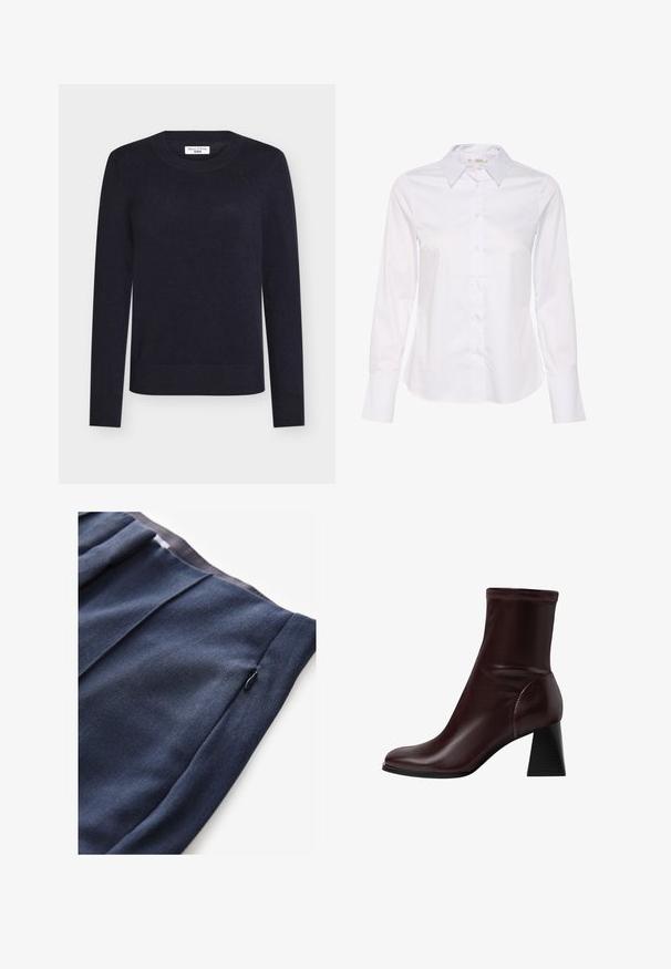 Temno modra pletena majica z okroglim vratom, dolgimi rokavi ter rebrastimi manšetami in spodnjim robom. Izdelana iz mehke tkanine za udobno prileganje.; Bela srajca z dolgimi rokavi, ki ima klasičen ovratnik, gumbasto zapenjanje spredaj in ravno rob. Narejena je iz gladkega materiala in ima enostaven dizajn.; Temno modri hlače iz teksturirane tkanine, ki imajo stransko žep z zadrgo in naborke na pasu.; Stradivarius BLOCK - Klasični gležnjarji - dark red