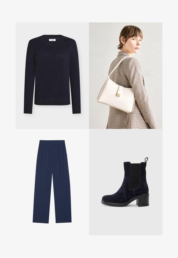 Tengerészkék kötött pulóver kerek nyakkal, hosszú ujjakkal, bordázott mandzsettákkal és szegéllyel. Puha anyagból készült a kényelmes viselet érdekében.; Sötétkék, bő szárú nadrág puha anyagból, elől redőkkel, sima textúrával, egyenes szabással, látható zsebek nélkül.; Sötétkék velúr bokacsizma elasztikus oldalpanellel, kerek orral és tömbsarkal. A texturált szövet és a sima talp kontrasztot ad.; Fehér bőr táska strukturált dizájnnal, mágneses záródással és vállpánttal, semleges háttér előtt bemutatva.