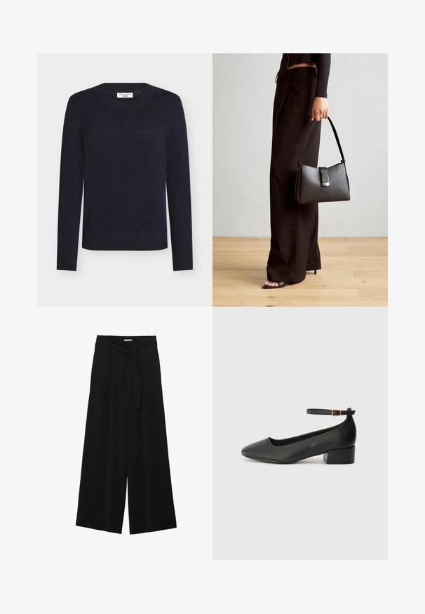 Tmavě modrý pletený svetr s kulatým výstřihem, dlouhými rukávy a žebrovanými manžetami a lemem. Vyroben z měkké látky pro pohodlné nošení.; Černé kalhoty s širokými nohavicemi, vyrobené z texturované tkaniny, s elastickým pasem a odnímatelným páskem na úpravu velikosti.; Černé kožené lodičky s špičatou špičkou a nízkým blokovým podpatkem. Obsahují pásek kolem kotníku se zlatou sponou. Hladký povrch.; Černá kabelka se strukturovaným tvarem, hladkým povrchem a kovovým uzávěrem. Kombinována s širokými černými kalhotami a sandály s otevřenou špičkou na dřevěné podlaze.