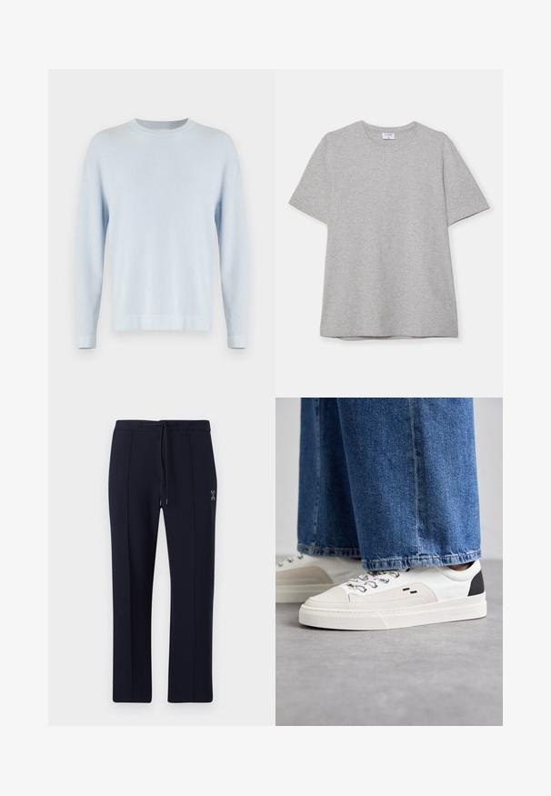 Sweater de malha canelada azul claro com decote redondo, mangas longas e bainha reta. Tecido texturizado com uma aparência suave.; T-shirt cinza de mangas curtas feito de um tecido macio e texturizado. Possui um colarinho clássico redondo e uma bainha reta, adequado para uso casual.; Calças azul-marinho com um corte relaxado, apresentando uma cintura com cordão e bolsos laterais. Tecido suave com pregas frontais subtis e detalhe do logo.; Sapatilhas brancas e pretas com um upper de couro suave, detalhes texturizados e uma sola branca grossa. Apresenta um design clássico de atacadores.