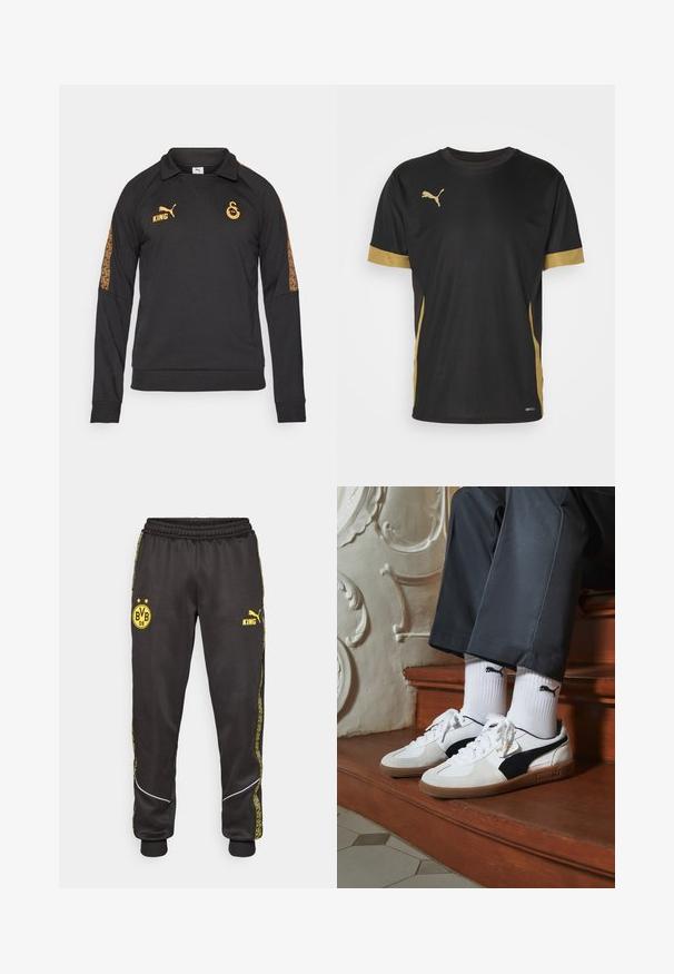 Svart langermet genser med krage, med oransje logoer og mønstrede detaljer på ermene. Laget av et strukturert stoff.; Svart treningst-skjorte med gulldetaljer på ermene og siden. Har rund hals, korte ermer og fukttransporterende DRYCELL-stoff.; Svarte treningsbukser med gule Borussia Dortmund BVB 09 og Puma King-logoer, elastisk liv, og mønstrede gule sidestriper.; Puma-sneakers i hvitt og svart semsket skinn, med en brun gummisåle. Kombinert med hvite sokker med en svart logo, båret med mørke bukser.