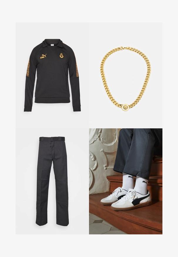 Crna dugorukava majica s visokim ovratom, s narančastim logotipima i uzorcima na rukavima. Izrađena od strukturirane tkanine.; Crne hlače od izdržljivog materijala, s ravnim krojem, pojasom s peteljkama i šavovima za dodatnu teksturu.; Puma tenisice u bijelom i crnom nubuku, s smešnim gumastim potplatom. Uparene su s bijelim čarapama s crnim logom, nosene uz tamne hlače.; Zlatna ogrlica s velikim isprepletenim karikama, koja sadrži kružni detalj na sredini s uzdignutim grbom.
