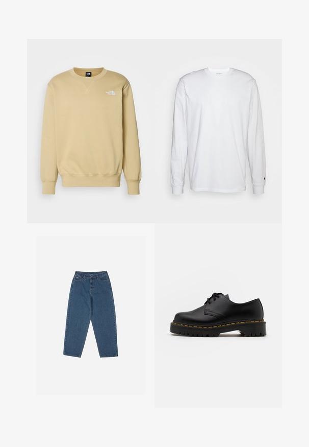 The North Face RELAXED ESSENTIAL - Mikina - khaki stone; Bílá dlouhá tričko s dlouhými rukávy vyrobené z bavlny. Design s kulatým výstřihem, žebrované manžety a malé logo na levém rukávu. Hladká textura.; Modré džíny z denimu s volným střihem, vysokým pasem, pěticí kapsami a akcenty prošití. Mají zapínání na knoflík a zip.; Černá kůže šněrovací boty s kulatou špičkou, texturovanou gumovou podrážkou a žlutým prošíváním kolem základny. Plný design a hladký povrch.