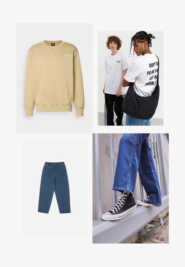 The North Face RELAXED ESSENTIAL - Sudadera - khaki stone; Vaqueros de denim azul con un corte relajado, cintura alta, diseño de cinco bolsillos y acentos de costura. Cuenta con un cierre de botón y cremallera.; Zapatillas de deporte negras de caña alta con suela y cordones blancos, combinadas con unos vaqueros de denim azul holgados, apoyadas en una barandilla gris.; Bolso de hombro negro acolchado con una textura suave, llevado por una persona con una camiseta gráfica blanca con texto en negrita. Conjunto casual con vaqueros.